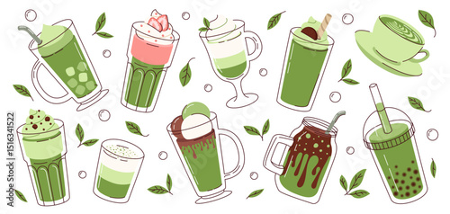 Set illustrations matcha drinks. Cold and hot beverages. Coffee, green tea, smoothie, cocktail in flat style