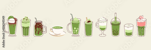 Set illustrations matcha drinks. Cold and hot beverages. Coffee, green tea, smoothie, cocktail in flat style