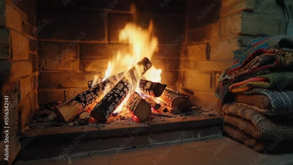 Cozy fireplace burning logs flame and stacked blankets comforting winter atmosphere
