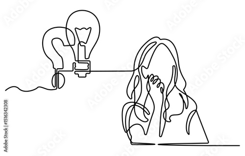 One line drawing of woman thinking solving problems finding solutions. Vector illustration of one line drawing of person thinking about new ideas creativity finding solutions