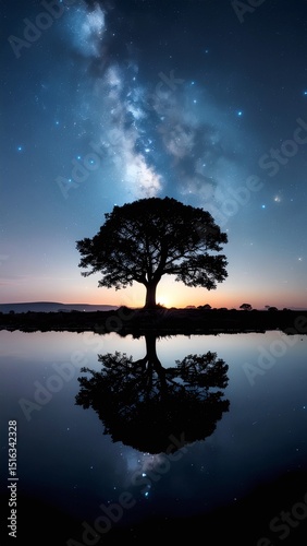 Silhouette of a Tree Reflecting in Dark Water Under a Starlit Night Sky