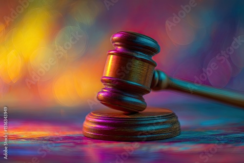 Gavel resting on stand, vibrant backdrop photo