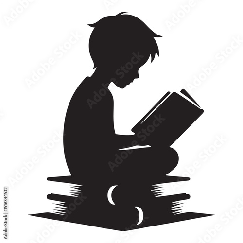 Minimalist Silhouette of Child Sitting on Book , black color  vector 