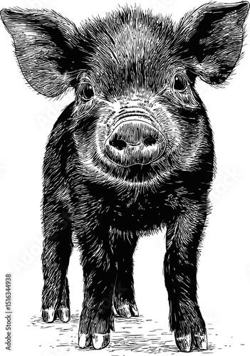 Detailed black and white drawing of a baby piglet with textured fur. Vector illustration