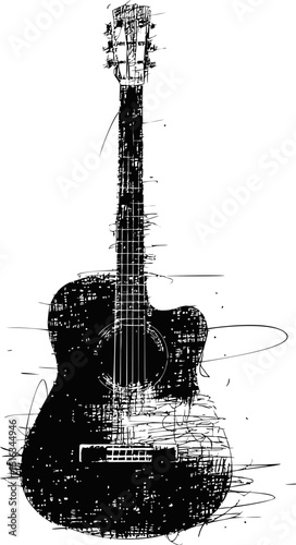 Artistic black and white sketch of an acoustic guitar with abstract details. Vector illustration