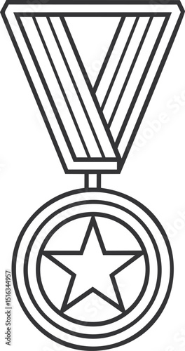 Outline of a medal with star symbol and striped ribbon in black and white. Vector illustration