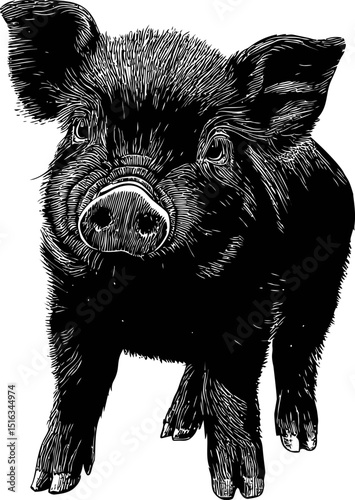 Detailed black and white sketch of a pig facing forward in intricate style. Vector illustration