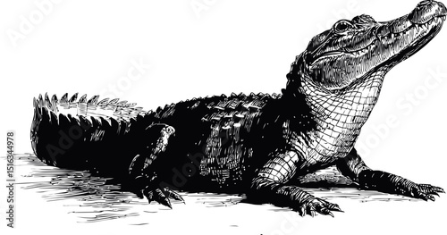Black and white illustration of a crocodile lying on the ground. Vector illustration