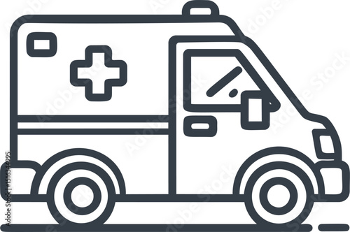 Minimalist black and white line drawing of an ambulance side view. Vector illustration