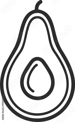 Outline of a halved avocado with seed in black and white minimalistic design. Vector illustration