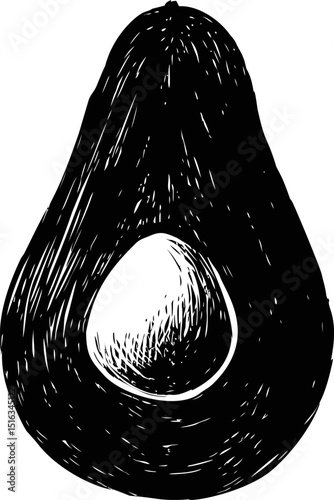 Black and white illustration of half an avocado with seed in retro style. Vector illustration
