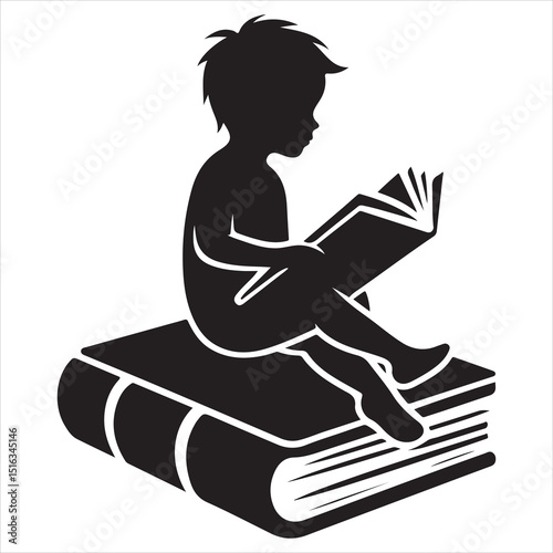 Minimalist Silhouette of Child Sitting on Book , black color  vector 