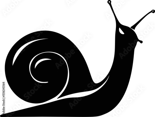 Black silhouette of a snail with a detailed spiral shell. Vector illustration