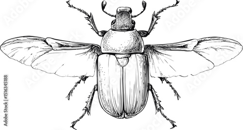 Detailed black line drawing of a flying beetle with spread wings. Vector illustration