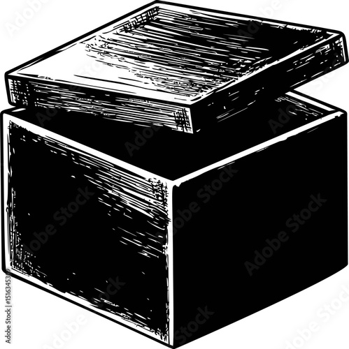 Ink sketch of an open wooden box with lid ajar, hand-drawn style. Vector illustration