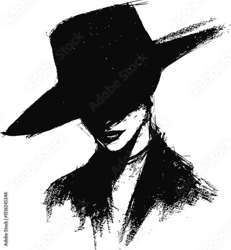 Elegant monochrome illustration of a mysterious woman in a wide-brimmed hat. Vector illustration