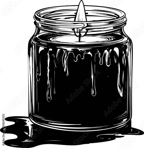 Black and white illustration of a candle in a jar with dripping wax. Vector illustration