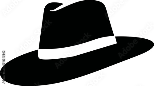 Black fedora hat with white band in silhouette. Vector illustration