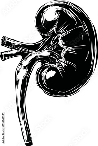 Detailed black and white illustration of human kidney anatomy design. Vector illustration