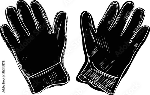 Black and white sketch of winter gloves with detailed shading illustration. Vector illustration