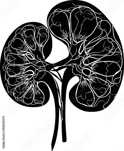 Detailed black and white illustration of human kidneys anatomical design. Vector illustration