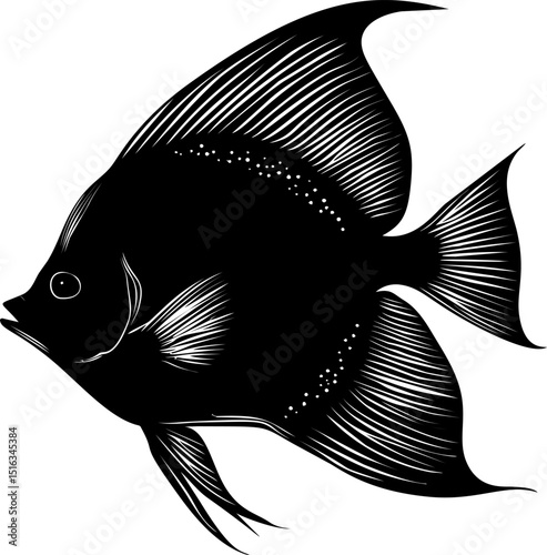 Silhouette of a tropical fish with detailed fins and scales, artistic style. Vector illustration