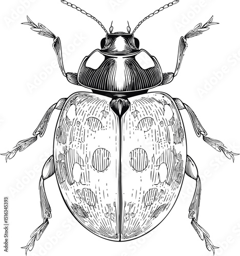 Detailed black and white illustration of a beetle with intricate patterns. Vector illustration