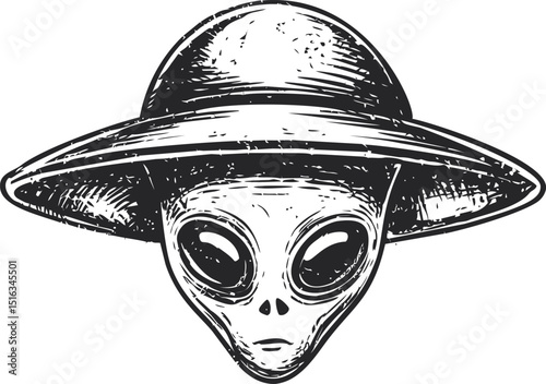 Alien with large eyes wearing a wide-brimmed hat in black and white illustration. Vector illustration
