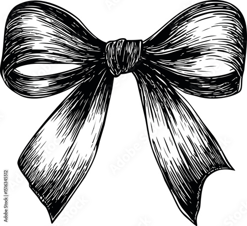 Elegant black and white sketch of a decorative bow with intricate details. Vector illustration