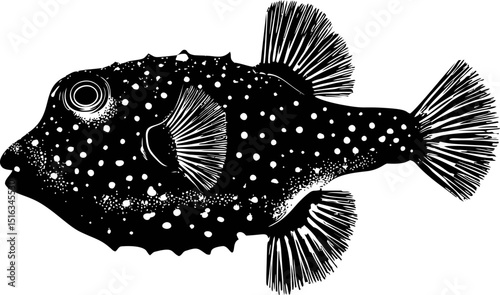 Silhouette of a spotted boxfish with intricate fins in black and white illustration. Vector illustration