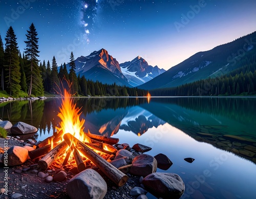Night campfire by lake reflecting mountains