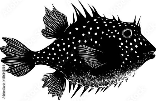 Silhouette of a spiky fish with spotted pattern in black and white illustration. Vector illustration