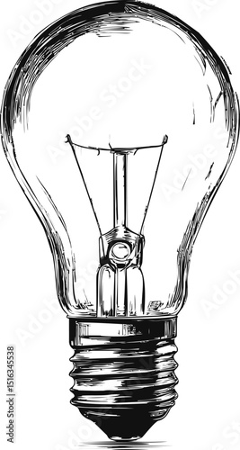 Monochrome sketch of a classic light bulb with detailed filament design. Vector illustration