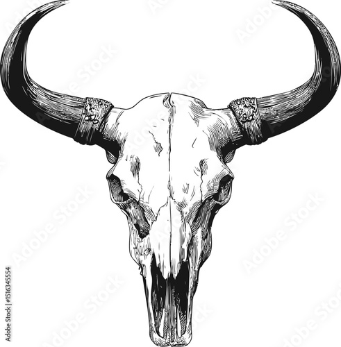 Detailed black and white illustration of a bull skull with large horns. Vector illustration