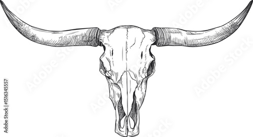 Line drawing of a longhorn skull with detailed shading and empty eye sockets. Vector illustration