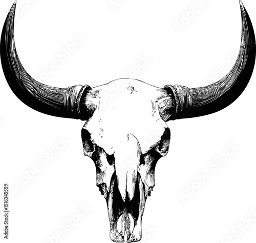 Bull skull illustration with large horns in black and white. Vector illustration