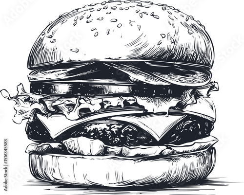 Detailed monochrome drawing of a classic hamburger with toppings and sesame bun. Vector illustration