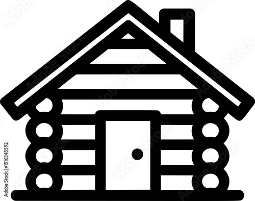Black and white outline of a log cabin with chimney, . Vector illustration
