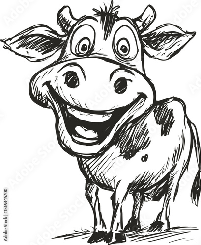 Happy cartoon cow sketch with wide grin in black and white line art style. Vector illustration