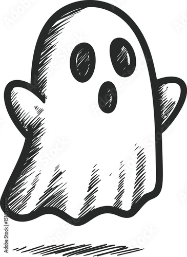 Simple black and white sketch of a cartoon ghost with wide eyes. Vector illustration