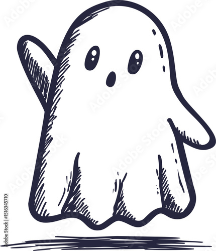 Cute cartoon ghost in black and white sketch style illustration. Vector illustration