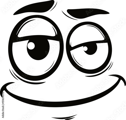 Cheeky cartoon face with mischievous eyes and smile in black and white. Vector illustration
