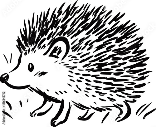 Sketch of a hedgehog with sharp spines in black and white illustration style. Vector illustration