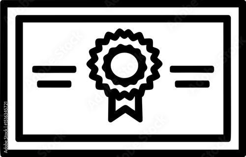 Black and white icon of a certificate with a ribbon in the center. Vector illustration