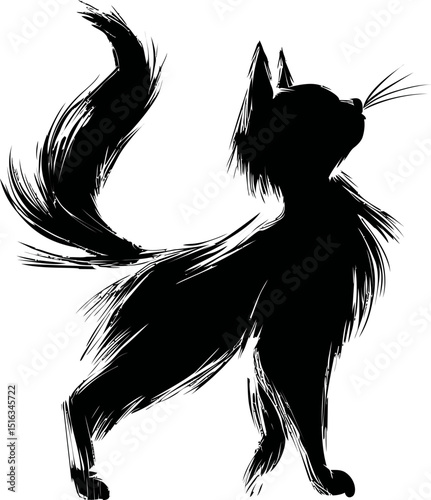 Black silhouette of a fluffy cat with bushy tail looking upwards on white. Vector illustration