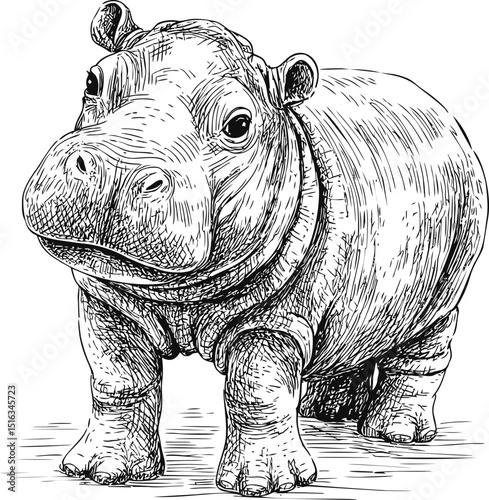 Black and white sketch of a cartoon hippo standing on textured ground. Vector illustration