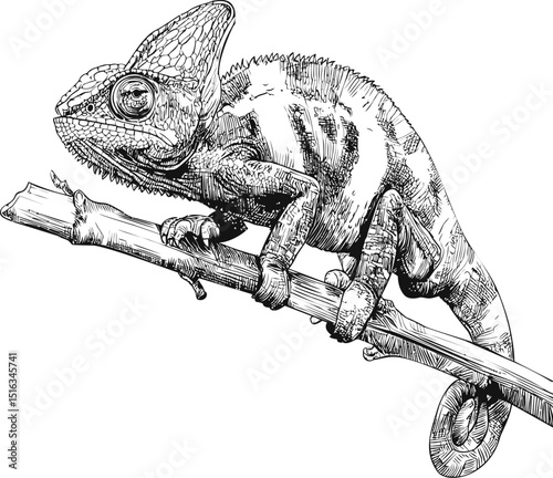 Detailed black and white illustration of a chameleon on a branch. Vector illustration