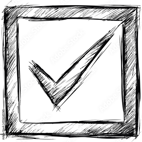 Sketched black check mark inside a square with scribbled lines drawing. Vector illustration