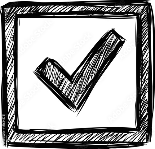 Hand-drawn black check mark inside a square ink line sketch. Vector illustration