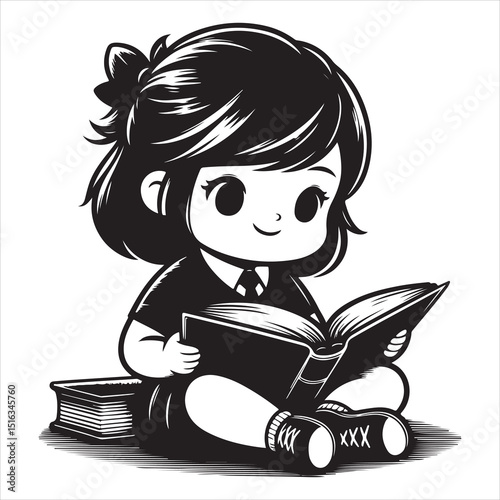 Minimalist Silhouette of Child Sitting on Book , black color  vector 